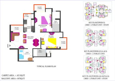 2BEd+2Toilet+Study TYPICAL FLOOR PLAN - 2 (TOWER-E,F,J,L & O,G,K,M,P & Q)