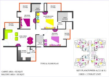 3Bed+3Toilet TYPICAL FLOOR PLAN - 1 (TOWER-A,C,U & S)